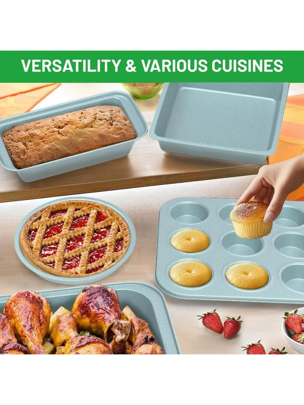 5-Piece Blue Baking Sheet Set Including Round/Square Cake Pan Baking Pans Set